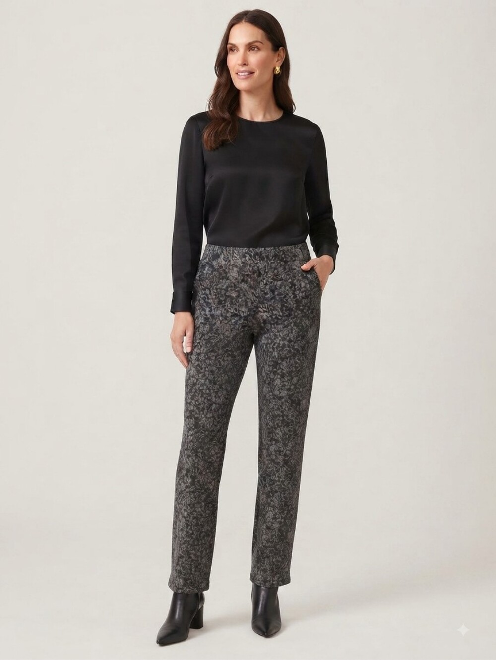Elliott Lauren Charcoal Gray Printed Trousers Straight Leg Pants Size 12